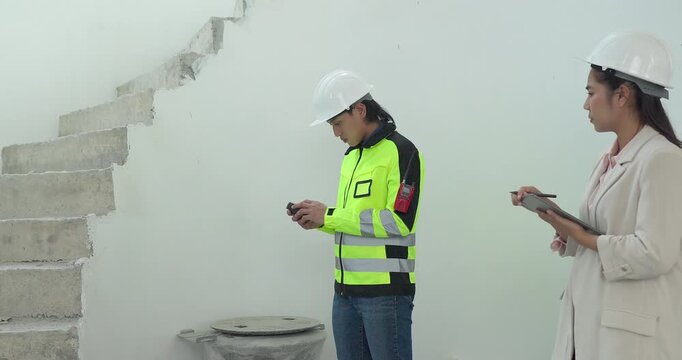  Site Engineer and Interior Designer Measure Staircase with Tape and Laser Meter