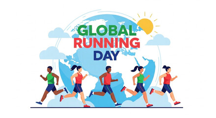 Naklejka premium Diverse group of athletes running together during global running day flat design illustration with vibrant colors dynamic motion and a globe background symbolizing unity and fitness