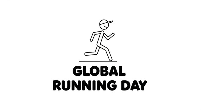 Global running day illustration with stick figure runner and bold text on white background