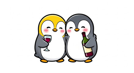 Fototapeta premium Two cute penguins friends celebrating with wine on national best friends day