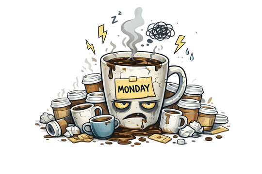 monday morning, coffee chaos, busy morning, caffeine rush, morning stress, office rush, coffee spill, messy desk, workday start, monday mood, sleepy worker, rushing to work, morning routine, coffee ov