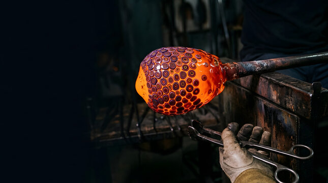 Molten glass gather with murrine patterns on artisan blowpipe