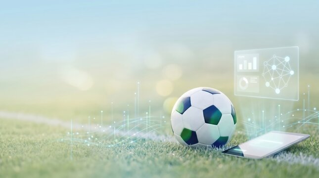 Soccer ball on grass field with digital tablet displaying sports analytics data visualization graphs and network nodes for performance tracking and match strategy analysis