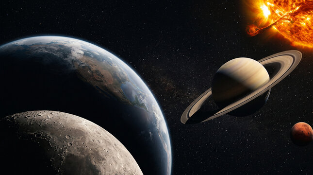 Astronautas, Lua, Terra, Saturno, Marte, Sol, Sistema Solar - Arte digital 4K para uso comercial