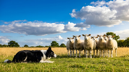 Obraz premium Border collie herding woolly sheep in sunny farm field