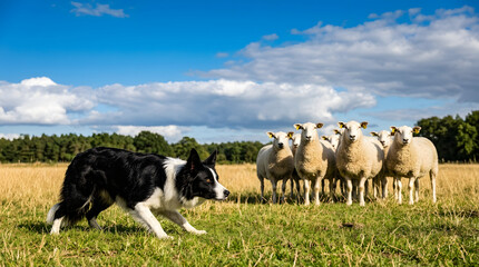 Fototapeta premium Border collie herding woolly sheep in sunny farm field