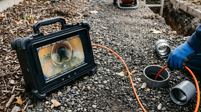 Technician inspecting industrial drain pipe with camera equipment