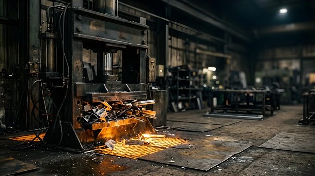 Heavy hydraulic press crushing metal scrap in a dark workshop factory