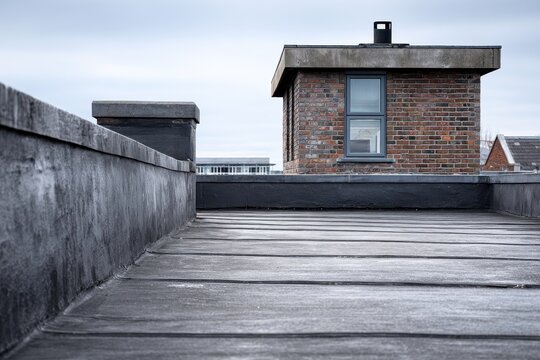 Flat Rooftop with Parapet Wall and Brick Structure on a Cloudy Day