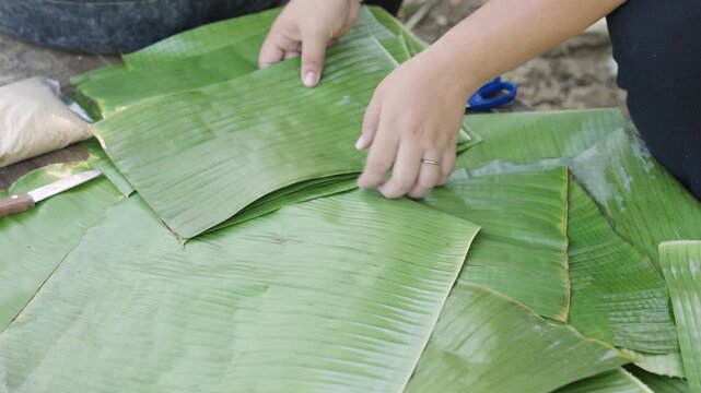 Preparing Banana Leaves for Wrapping Cassava Suman with Coconut Strips
