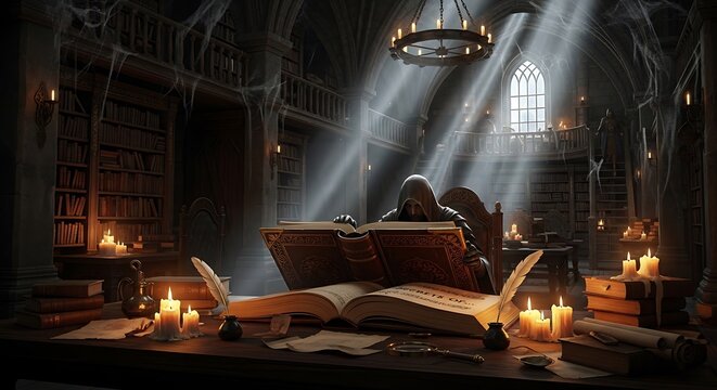 Hooded figure reading ancient tomes in a dark atmospheric library