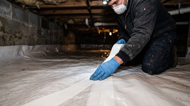 Retrofit crawl space encapsulation with a contractor applying vapor barrier tape highlighting the precise sealing process against an unfocused backdrop.