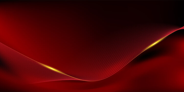 Luxry red curved lines and gold wave lines on dark red background and lighting effect sparkle. Luxury template celebration award design.