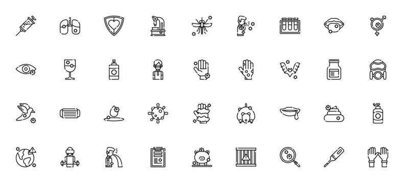 Virus Transmission icon pack. Minimal thin line web icons set. Medical icon set. Featuring syringe, pneumonia, microscope, mosquito, cough, test tube, virus, washing hands, and more.