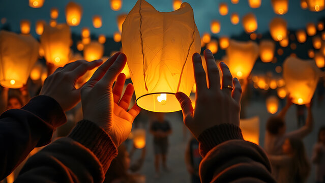 Multi-generational hands carefully launching unbranded floating lanterns, Professional Stock Photo, High Resolution Background