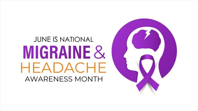 Migraine and headache awareness month animation with purple ribbon and healthcare themed motion graphics. Healthcare animation scene. 4k animated video.