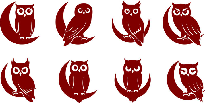 Eight black owl silhouettes with prominent white eyes perched on crescent moons in various poses, minimalist flat vector, isolated on white background
