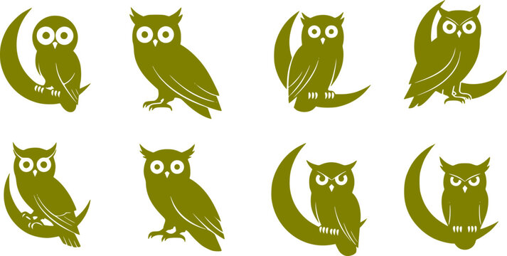 Eight black owl silhouettes with prominent white eyes perched on crescent moons in various poses, minimalist flat vector, isolated on white background
