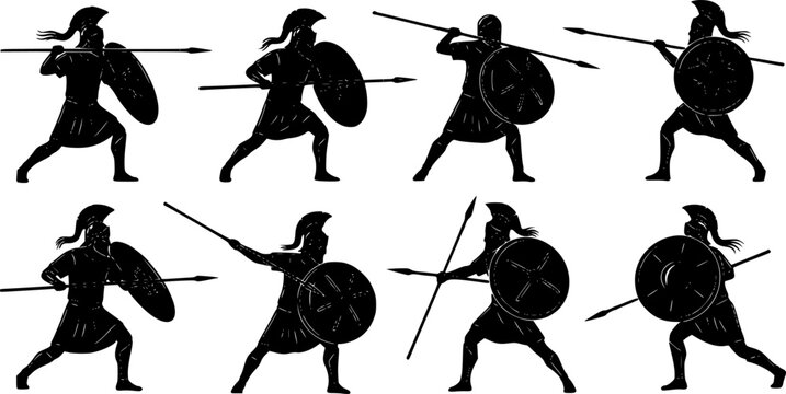 Eight black silhouette ancient Greek or Roman warriors with spears and round shields in dynamic combat poses, a, isolated on white background
