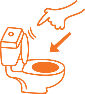 Orange icon of a hand pointing to a toilet with the lid open