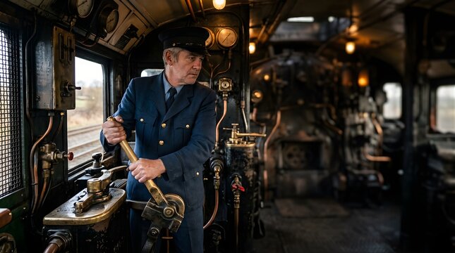 Senior train driver operating steam locomotive in historic train cockpit