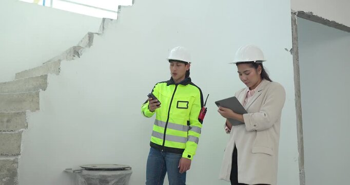  Site Engineer and Interior Designer Measure Staircase with Tape and Laser Meter
