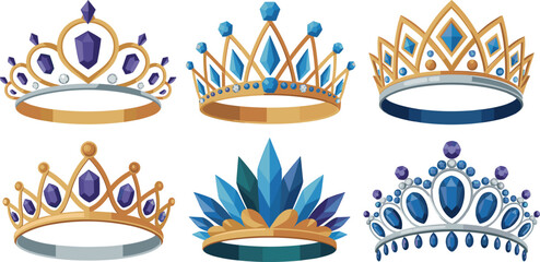 Set of Crown and Tiara Vector Illustrations Including Gold and Gemstone Crowns, Royal Tiaras, Blue Gems, Ornamental Designs, and Regal Headpieces on White Background for Luxury and Royalty Concepts © MdShagarAli