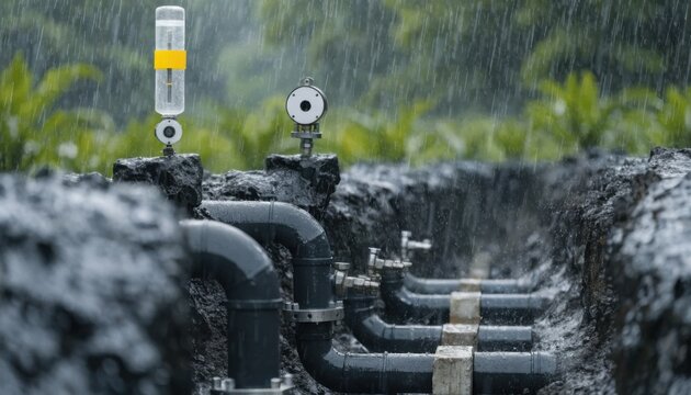 Medium shot of new cell sensorized leachate collection trench featuring sleek underground piping and aboveground flow and quality sensors in sharp focus with blurred surroundings.