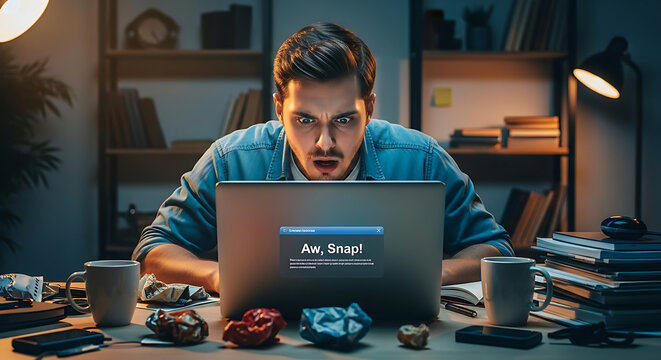 Focused young programmer reacting to computer error while working late at modern home office desk with dramatic lighting, technology frustration, cybersecurity, coding, remote work concept scene