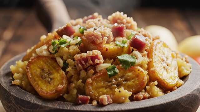 Delicious Mofongo with Fried Plantains and Savory Toppings.