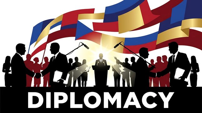 Silhouettes of diplomats shaking hands and a politician at a podium with international flags in the background, representing global cooperation, international relations, and political summit