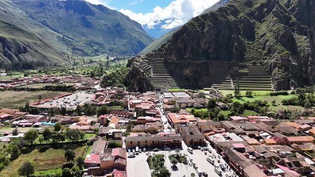 Aerial view of the main square of the town of Ollantaytambo and the terraces in Cusco, Peru