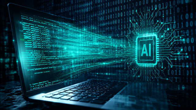 AI Programming Code Development Laptop Binary Data Circuit Technology Concept Photo