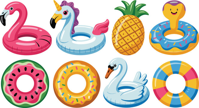 Set of Summer and Pool Float Vector Illustrations Including Flamingo, Unicorn, Swan, Pineapple, Donuts, Watermelon, and Colorful Inflatable Rings on White Background