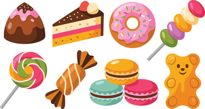Set of Sweet Dessert Vector Illustrations Including Chocolate, Cake Slice, Donut, Lollipop, Candy, Macarons, and Gummy Bear on White Background for Candy and Dessert Designs