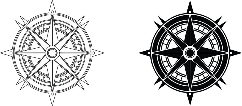 Vintage compass rose wind star vector illustration showing cardinal directions.