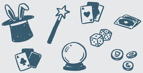 Hand drawn illustration of magic and gambling related objects. © Riki