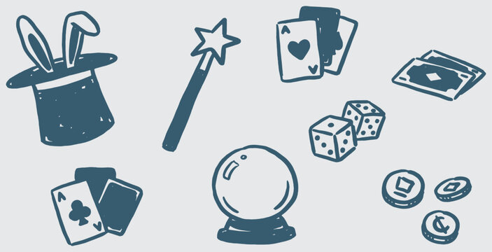 Hand drawn illustration of magic and gambling related objects.