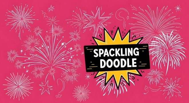 Sparkling fireworks on a vibrant pink background with a fun, bold title 'SPACKLING DOODLE' creating a festive and celebratory atmosphere