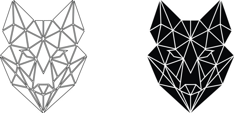 Abstract polygonal wolf head in wireframe outline, geometric animal logo, low poly design element.