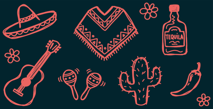 Vibrant vector illustration showcasing iconic Mexican cultural elements in a playful design.