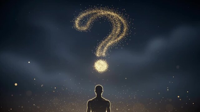 Silhouette of a person with glowing question mark above head symbolizing curiosity and uncertainty concept