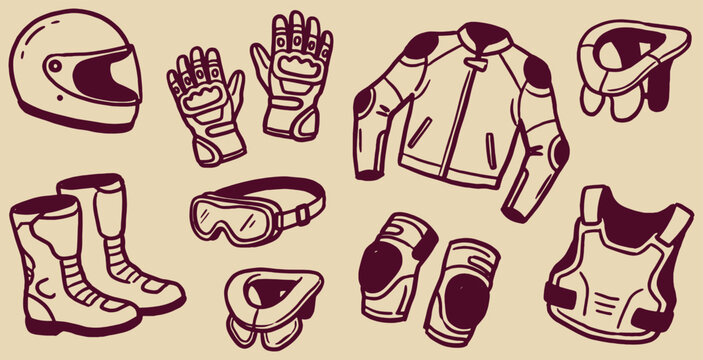 Motorcycle gear illustration featuring helmet, jacket, gloves, boots and other safety equipment.