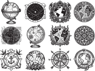 Fototapeta premium A collection of vintage globes and compasses with nautical symbols illustrations.