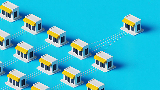 A digital illustration of a connected network of retail store franchises demonstrating business growth and expansion strategies