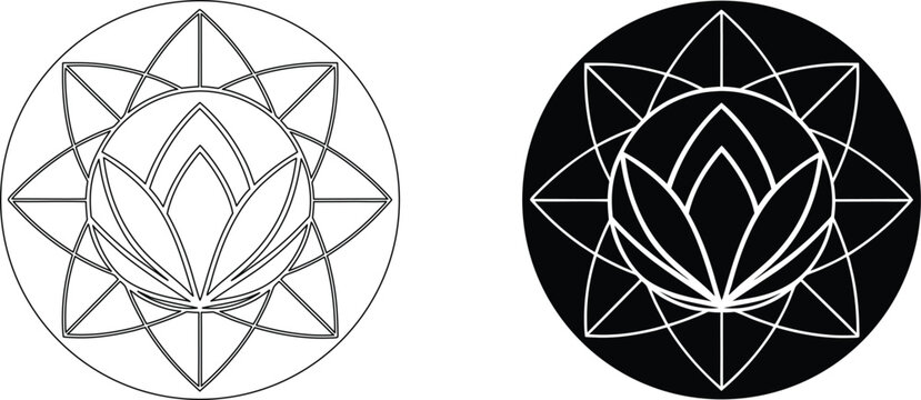 Black and white vector illustration of lotus flower mandala in a circle with transparent background.