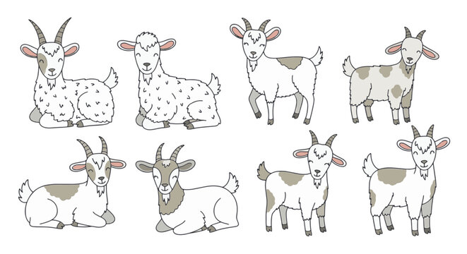 Cute Hand-Drawn Goat Illustration Collection Featuring Various Poses and Expressions of Farm Animals in a Doodle Style Vector Set Isolated on White Background for Design Projects.