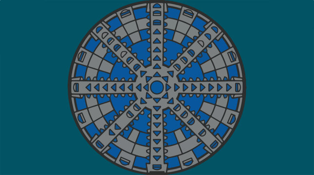 Tunnel boring machine cutter head isolated on dark teal background.