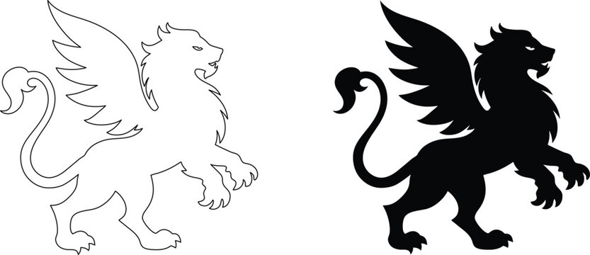 Griffin heraldic symbol silhouette set for medieval mythology logo design and coat of arms.