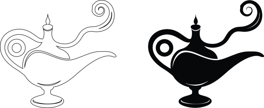 Magic genie lamp silhouette and outline vector graphics for fairytale and ancient stories.